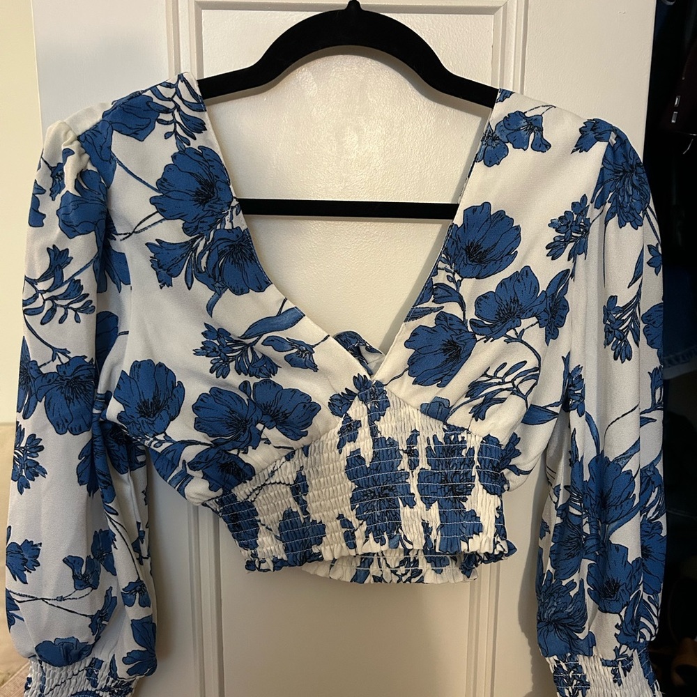 Lulu's Blue and White Puff Sleeve Smocked Crop Blouse